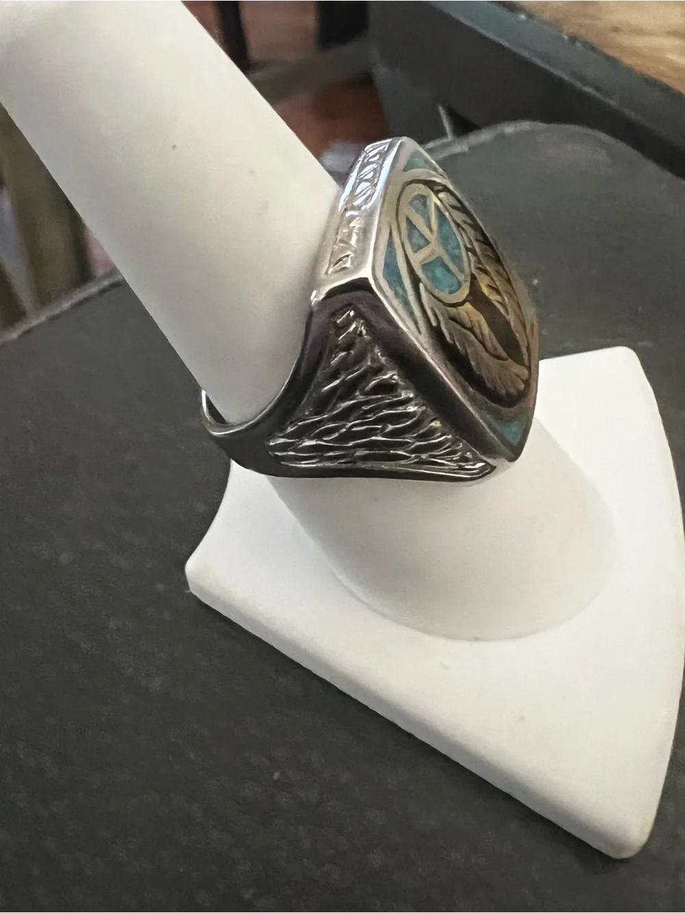 Turquoise Inlay Winged Emblem Sterling Men's Ring
